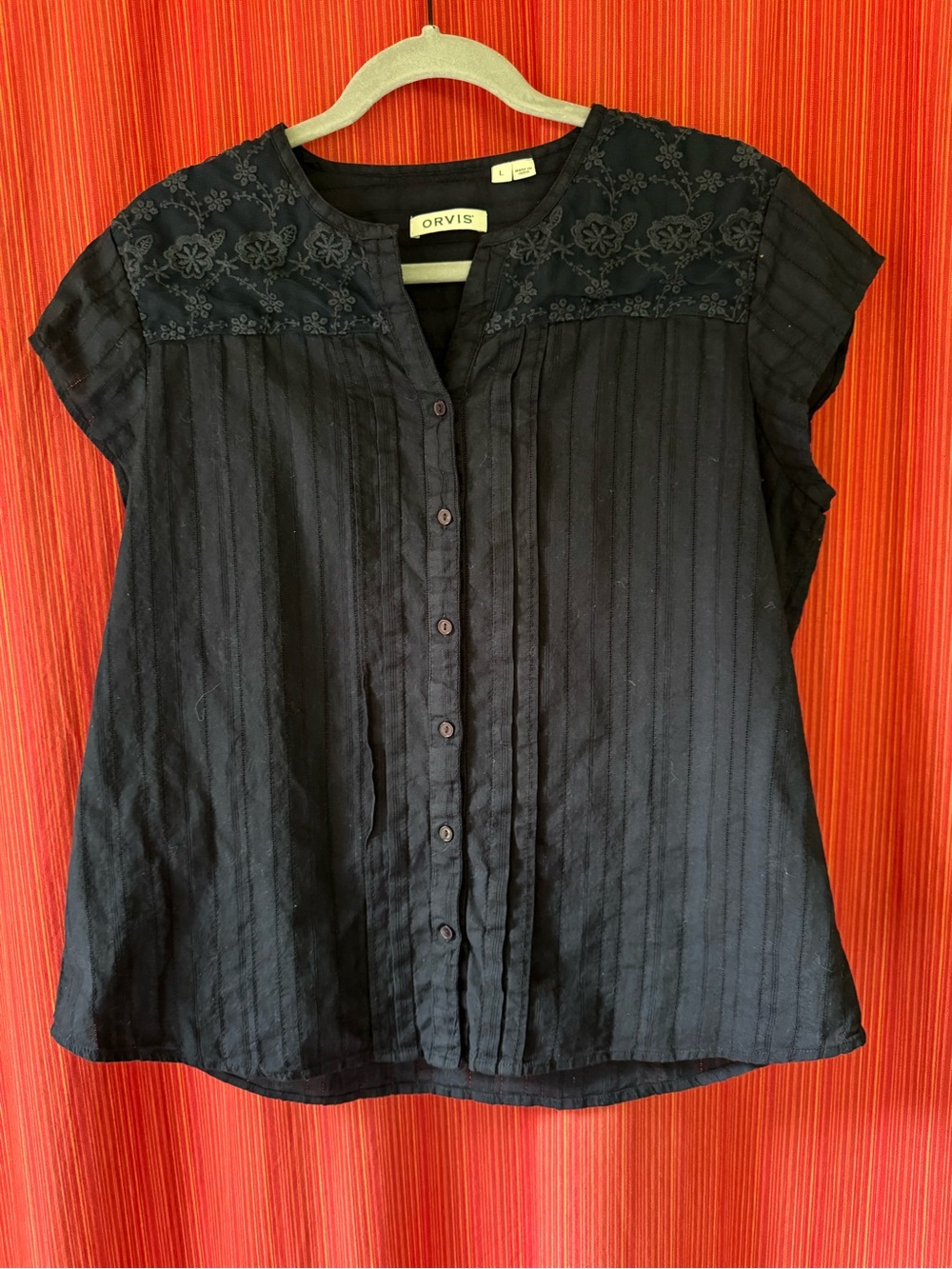 Orvis Navy Short-Sleeve Button-Front Lace Yoke Top Cotton Size Large